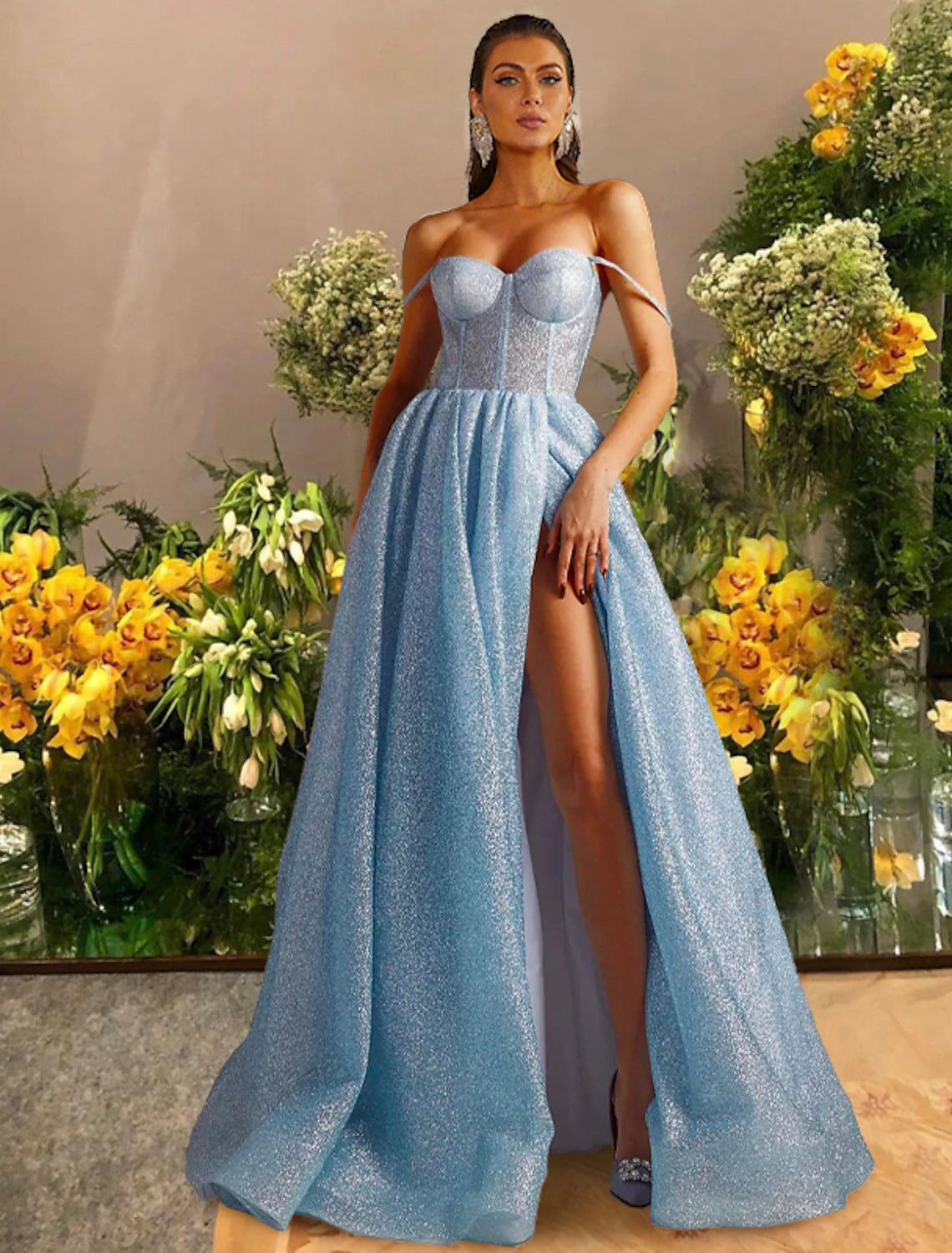 Wholesale  A-Line Prom Dresses Sparkle & Shine Dress Prom Black Tie Gala Floor Length Sleeveless Sweetheart Tulle with Glitter Pleats Slit